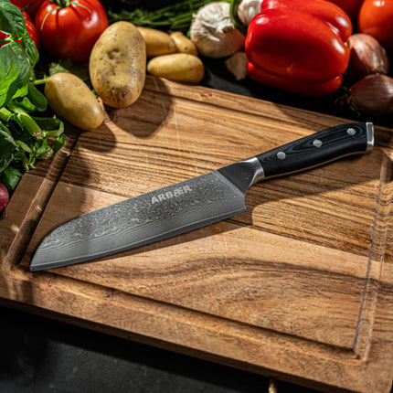 Arbaer Koksmes 18 Cm - Japans Santoku Lemmet - Damascus Staal - G10 Handvat