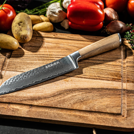 Arbaer Santoku Koksmes 18,5 Cm - Damascus Staal - Olijfhouten Handvat - Japans