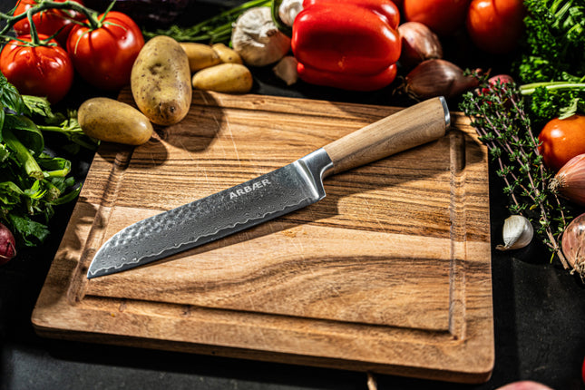 Arbaer Santoku Koksmes 18,5 Cm - Damascus Staal - Olijfhouten Handvat - Japans