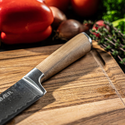 Arbaer Santoku Koksmes 18,5 Cm - Damascus Staal - Olijfhouten Handvat - Japans