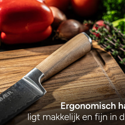 Arbaer Santoku Koksmes 18,5 Cm - Damascus Staal - Olijfhouten Handvat - Japans
