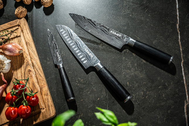 Arbaer Messenset 3-Delig - Japanse Damascus Print - Pakka Houten Handvat