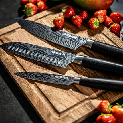 Arbaer Messenset 3-Delig - Japanse Damascus Print - Pakka Houten Handvat