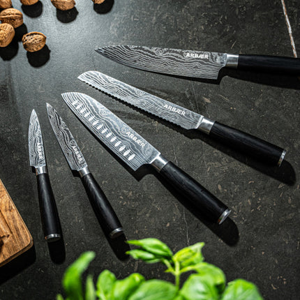 Arbaer Messenset 5-Delig - Japanse Damascus Print - Pakka Houten Handvat