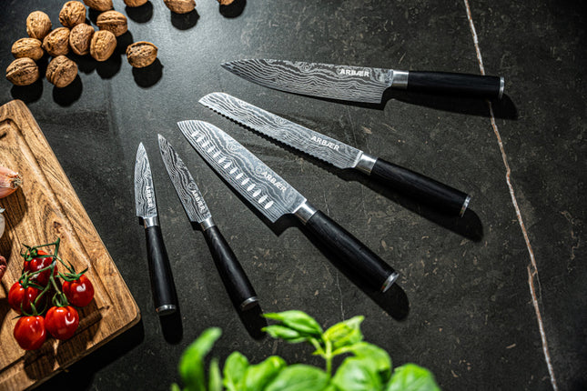 Arbaer Messenset 5-Delig - Japanse Damascus Print - Pakka Houten Handvat
