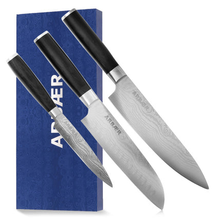 Arbaer Messenset 3-Delig - Japanse Damascus Print - Pakka Houten Handvat