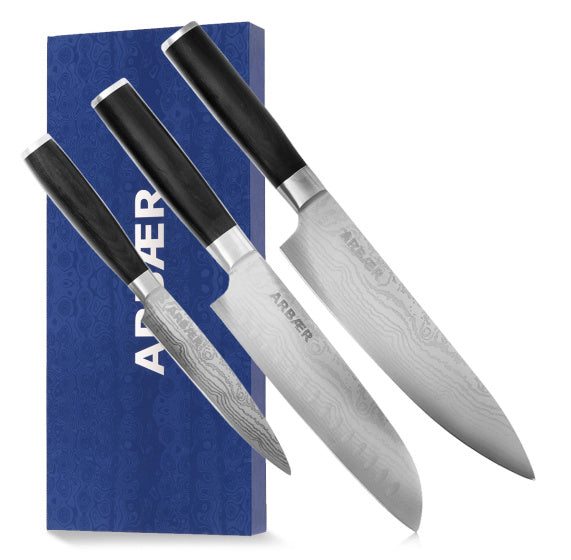 Arbaer Messenset 3-Delig - Japanse Damascus Print - Pakka Houten Handvat