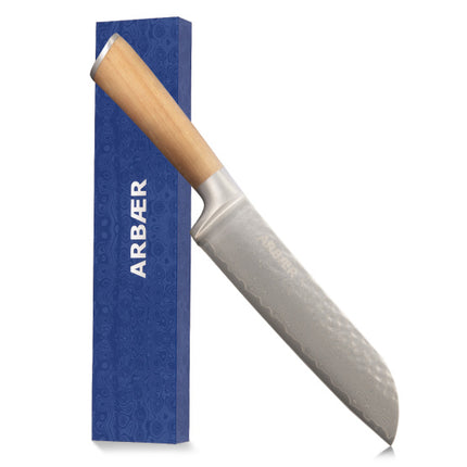 Arbaer Santoku Koksmes 18,5 Cm - Damascus Staal - Olijfhouten Handvat - Japans